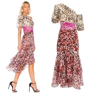 AMUR • Jaylah Dress one-shoulder silk chiffon midi leopard print pink rust